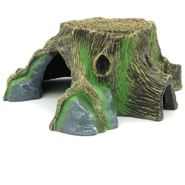 Cueva de resina con aspecto de roca natural para reptiles, con plataforma para tomar el sol y microclima para la muda.