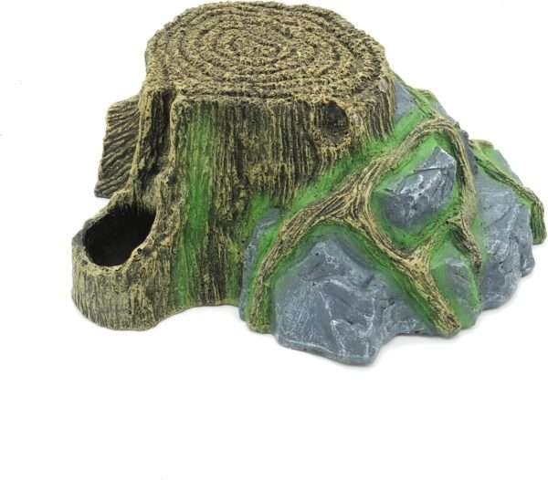Cueva de resina con aspecto de roca natural para reptiles, con plataforma para tomar el sol y microclima para la muda.