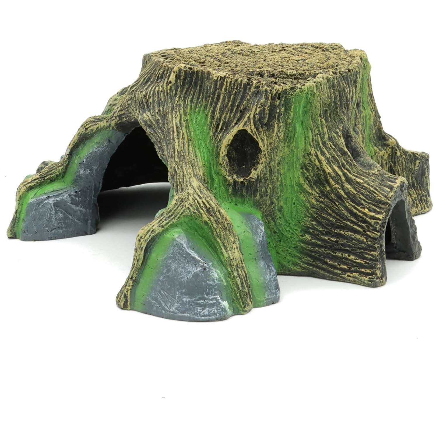 Cueva de resina con aspecto de roca natural para reptiles, con plataforma para tomar el sol y microclima para la muda.