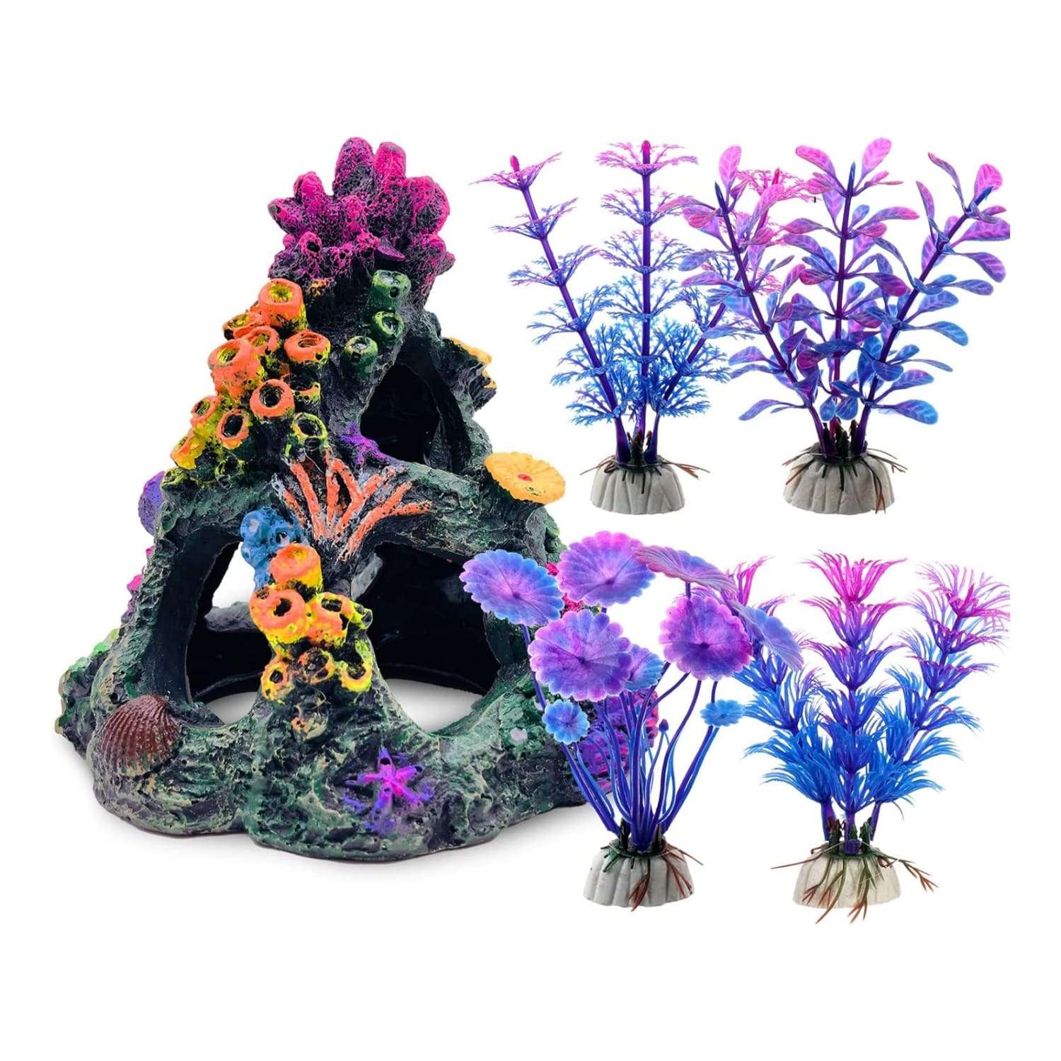 Montaña de coral de resina colorida con 3 agujeros, ideal como escondite para peces Betta, incluye 4 plantas.
