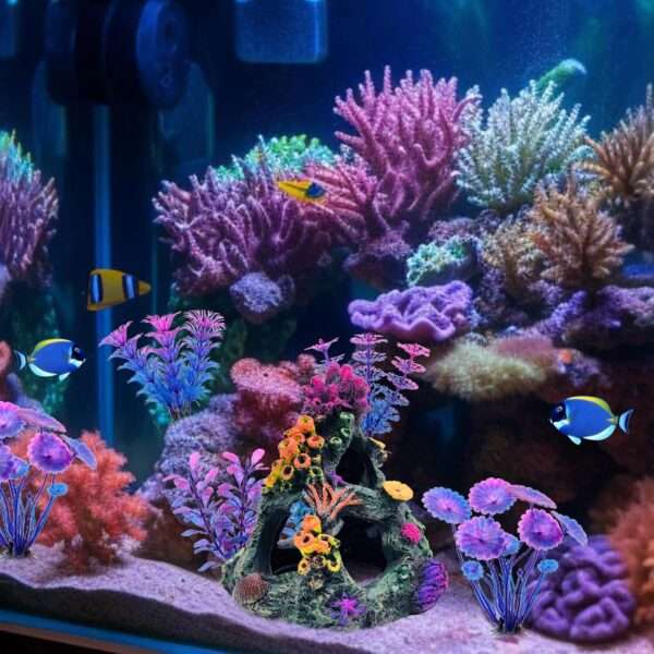 Montaña de coral de resina colorida con 3 agujeros, ideal como escondite para peces Betta, incluye 4 plantas.