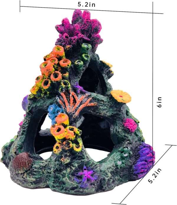Montaña de coral de resina colorida con 3 agujeros, ideal como escondite para peces Betta, incluye 4 plantas.