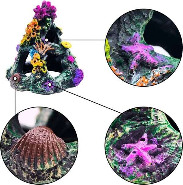Montaña de coral de resina colorida con 3 agujeros, ideal como escondite para peces Betta, incluye 4 plantas.