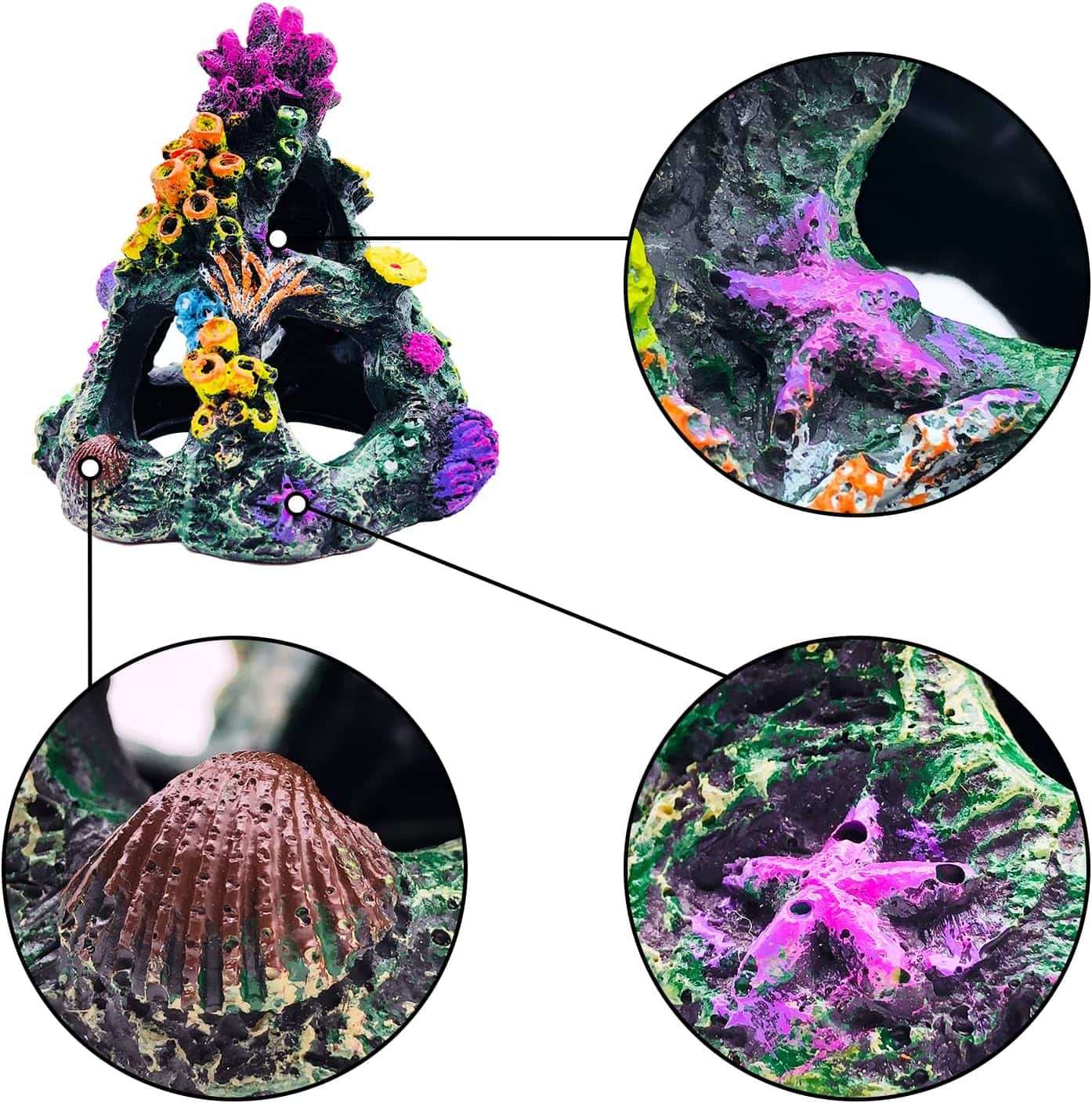Montaña de coral de resina colorida con 3 agujeros, ideal como escondite para peces Betta, incluye 4 plantas.