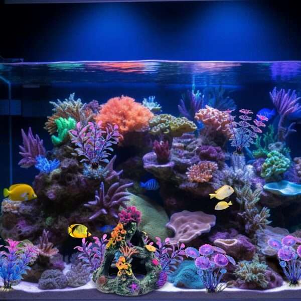 Montaña de coral de resina colorida con 3 agujeros, ideal como escondite para peces Betta, incluye 4 plantas.