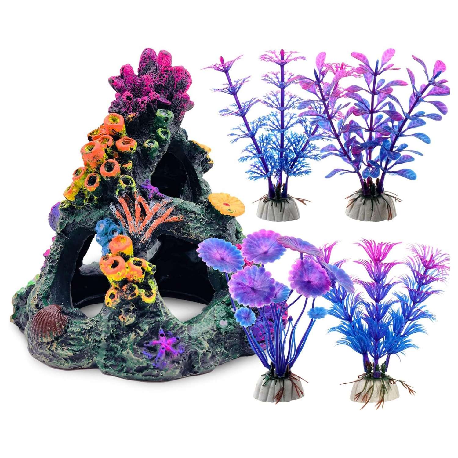 Montaña de coral de resina colorida con 3 agujeros, ideal como escondite para peces Betta, incluye 4 plantas.