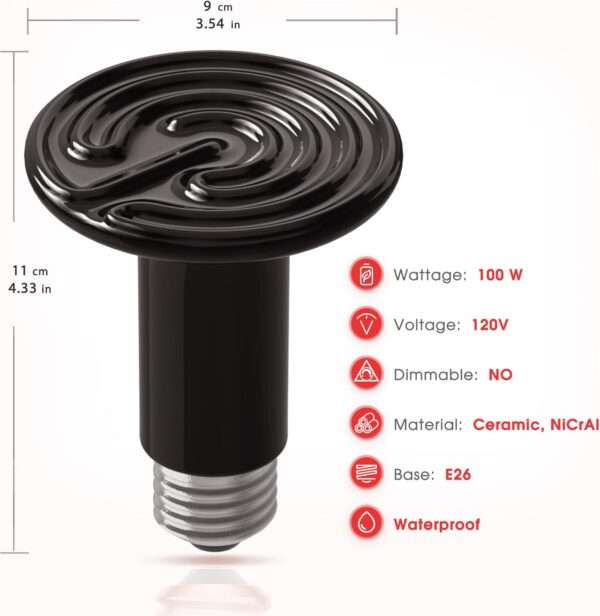Emisor de calor cerámico negro (CHE) de 100W para terrario, sin emisión de luz y con larga duración.