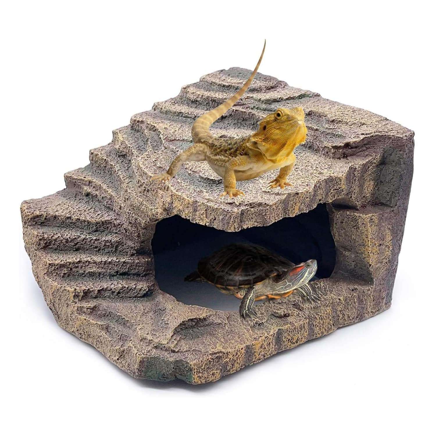 Un escondite de resina para reptiles, con el diseño de una roca natural que sirve como cueva y plataforma para tomar el sol.