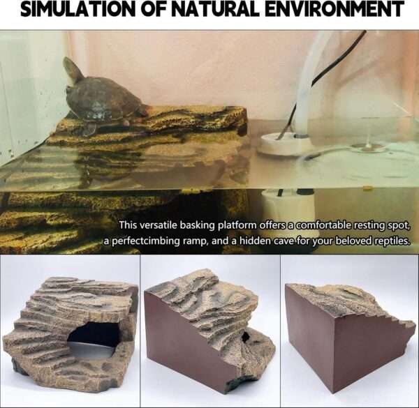 Un escondite de resina para reptiles, con el diseño de una roca natural que sirve como cueva y plataforma para tomar el sol.