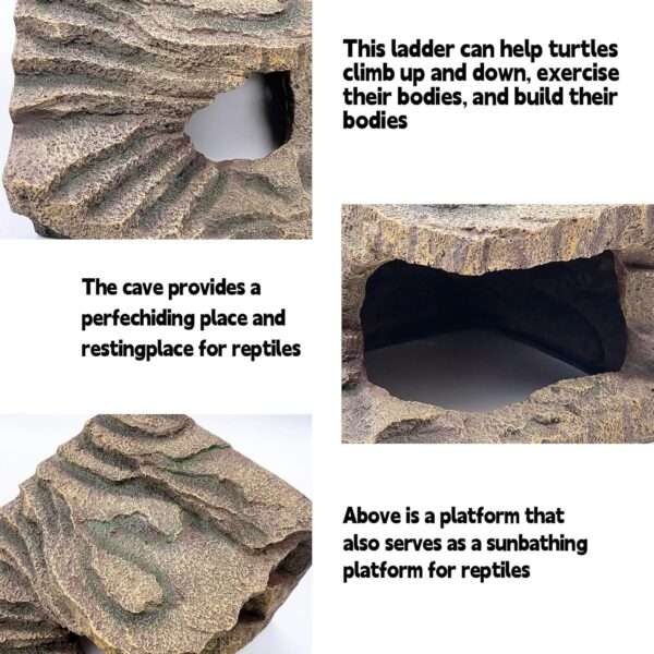 Un escondite de resina para reptiles, con el diseño de una roca natural que sirve como cueva y plataforma para tomar el sol.