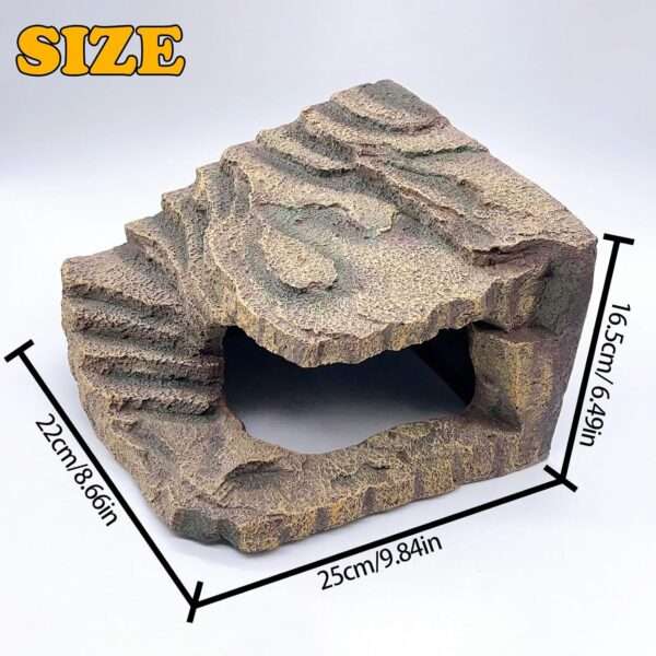 Un escondite de resina para reptiles, con el diseño de una roca natural que sirve como cueva y plataforma para tomar el sol.