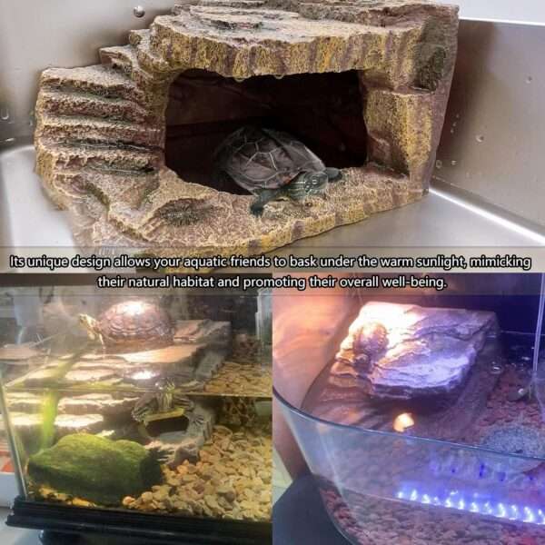 Un escondite de resina para reptiles, con el diseño de una roca natural que sirve como cueva y plataforma para tomar el sol.