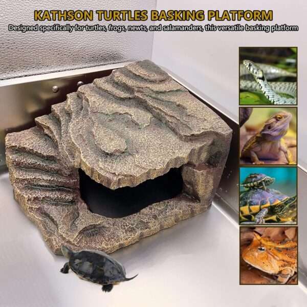 Un escondite de resina para reptiles, con el diseño de una roca natural que sirve como cueva y plataforma para tomar el sol.
