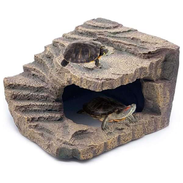 Un escondite de resina para reptiles, con el diseño de una roca natural que sirve como cueva y plataforma para tomar el sol.