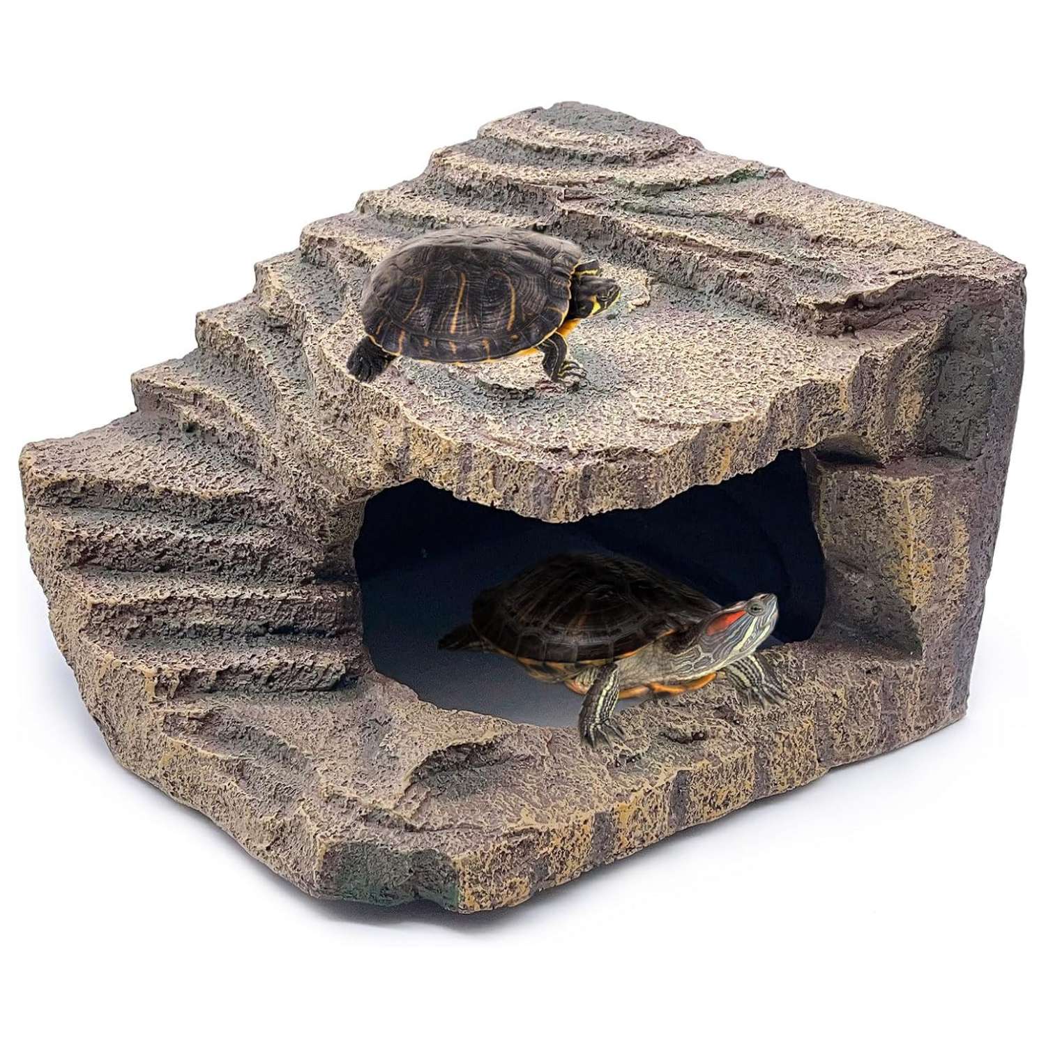 Un escondite de resina para reptiles, con el diseño de una roca natural que sirve como cueva y plataforma para tomar el sol.
