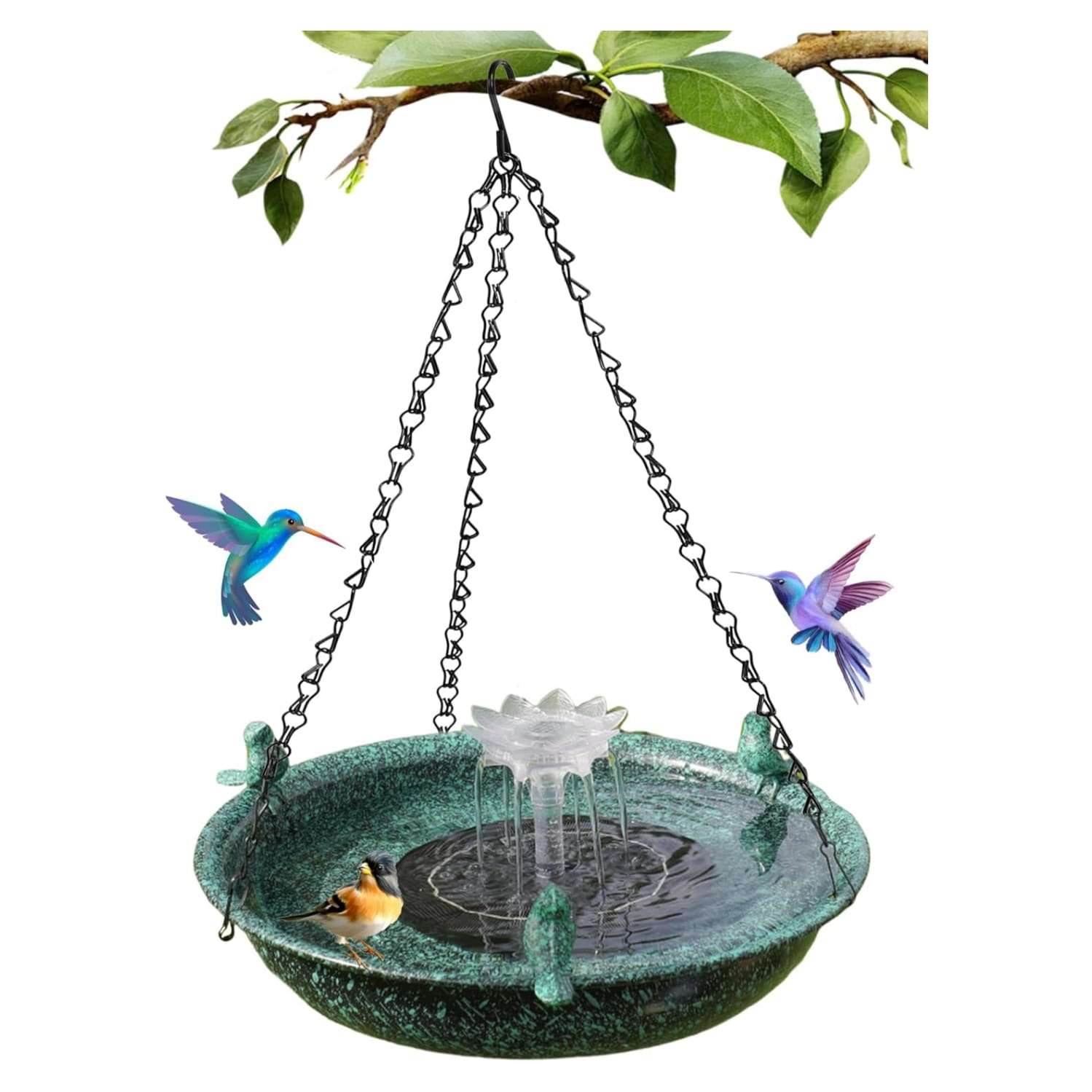 Baño de pájaros colgante con fuente solar. Decoración de jardín de metal.