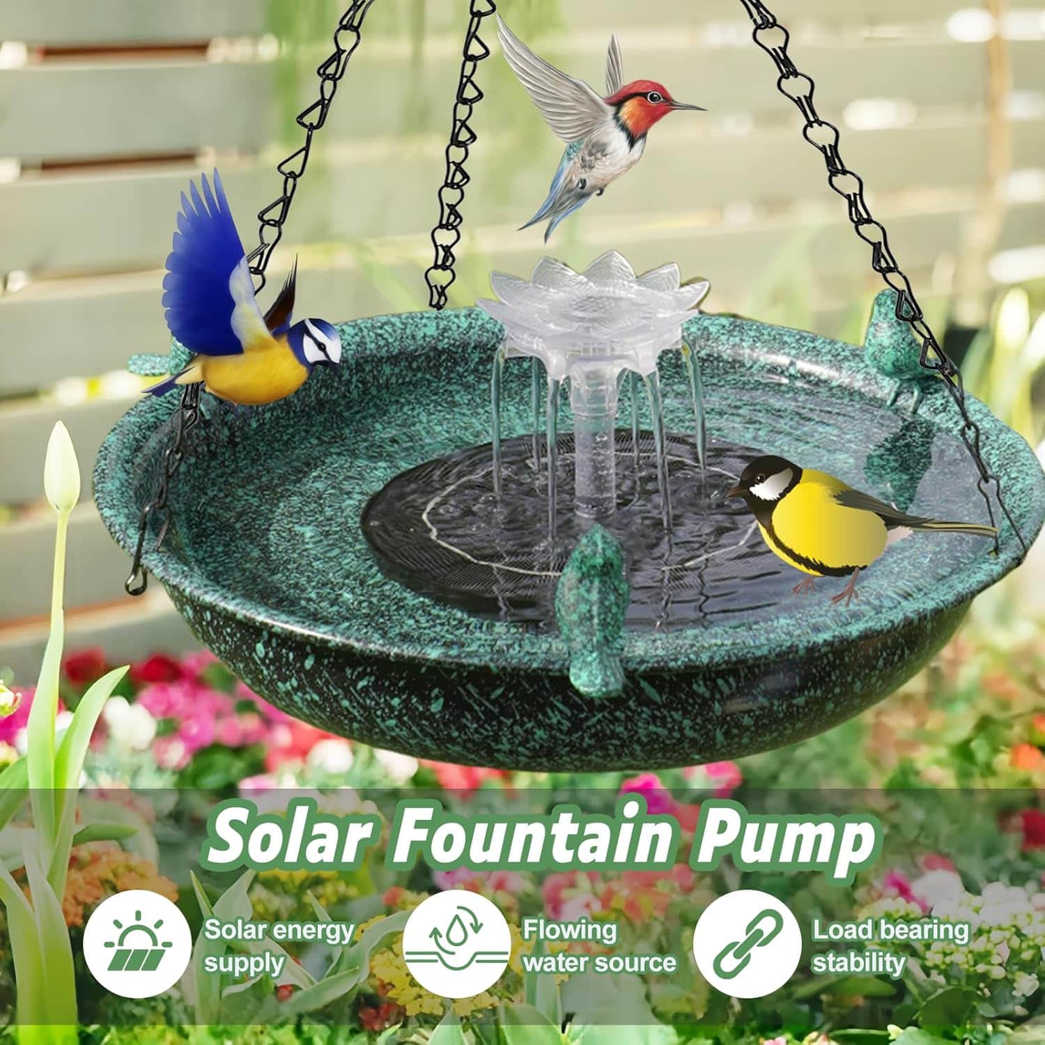 Baño de pájaros colgante con fuente solar. Decoración de jardín de metal.