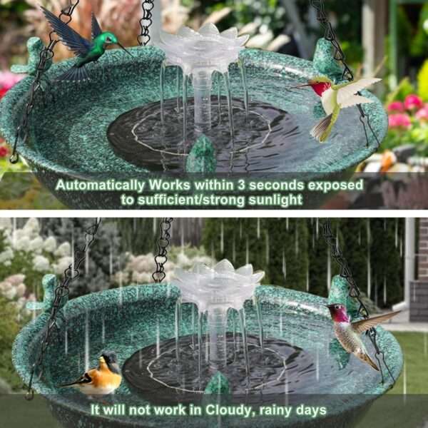 Baño de pájaros colgante con fuente solar. Decoración de jardín de metal.
