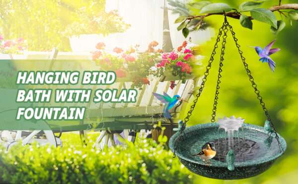 Baño de pájaros colgante con fuente solar. Decoración de jardín de metal.