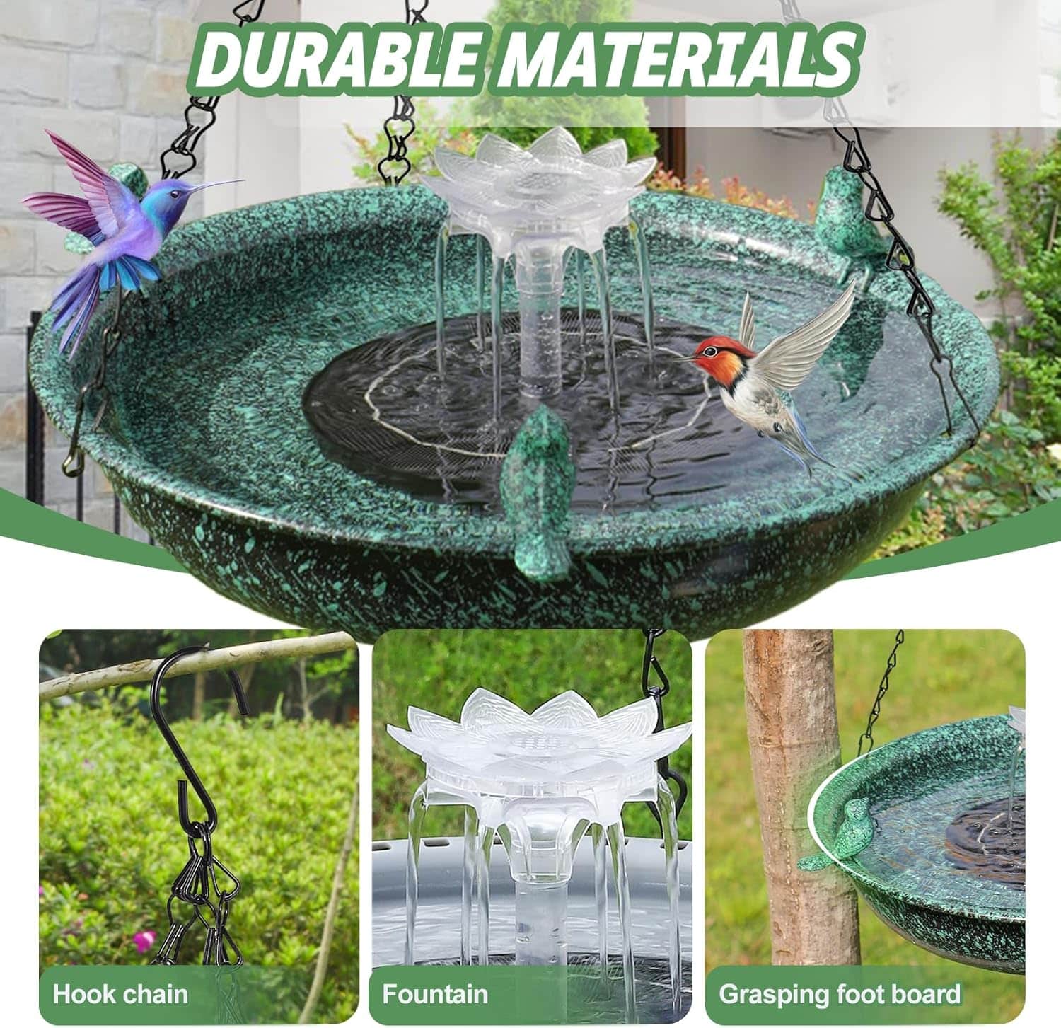 Baño de pájaros colgante con fuente solar. Decoración de jardín de metal.