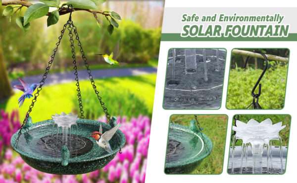 Baño de pájaros colgante con fuente solar. Decoración de jardín de metal.