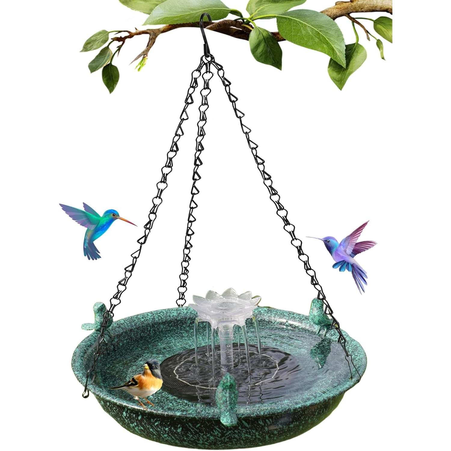 Baño de pájaros colgante con fuente solar. Decoración de jardín de metal.