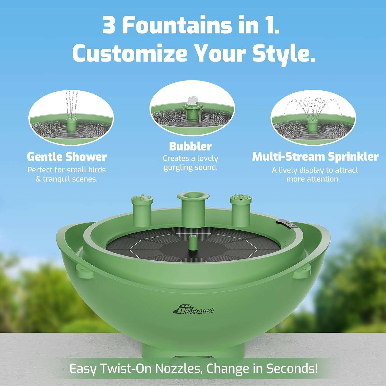 Fuente solar para jardín. Decoración 3 en 1 para baño de pájaros y estanque.