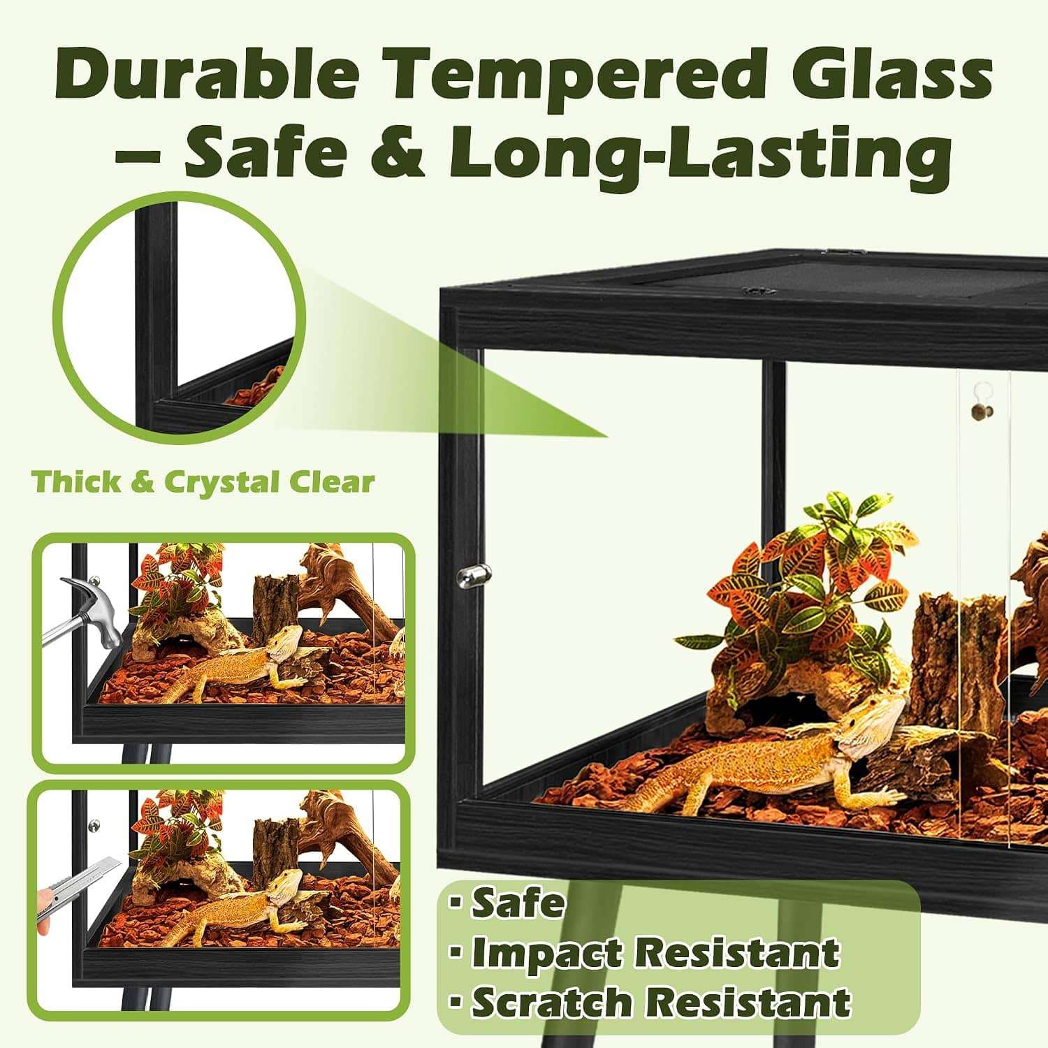 Hábitat para reptiles de madera con paneles de vidrio templado, vista de 360 grados y puertas correderas frontales.