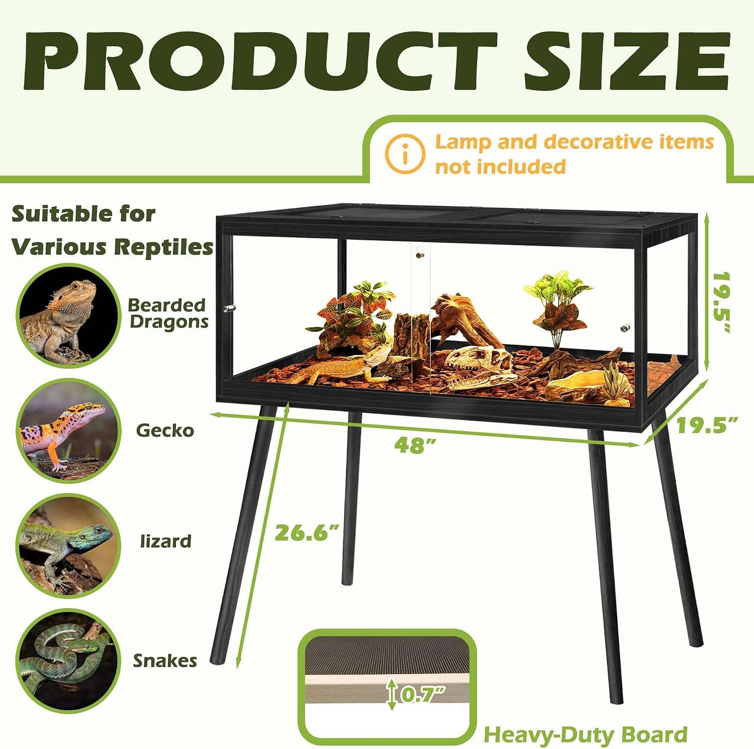 Hábitat para reptiles de madera con paneles de vidrio templado, vista de 360 grados y puertas correderas frontales.