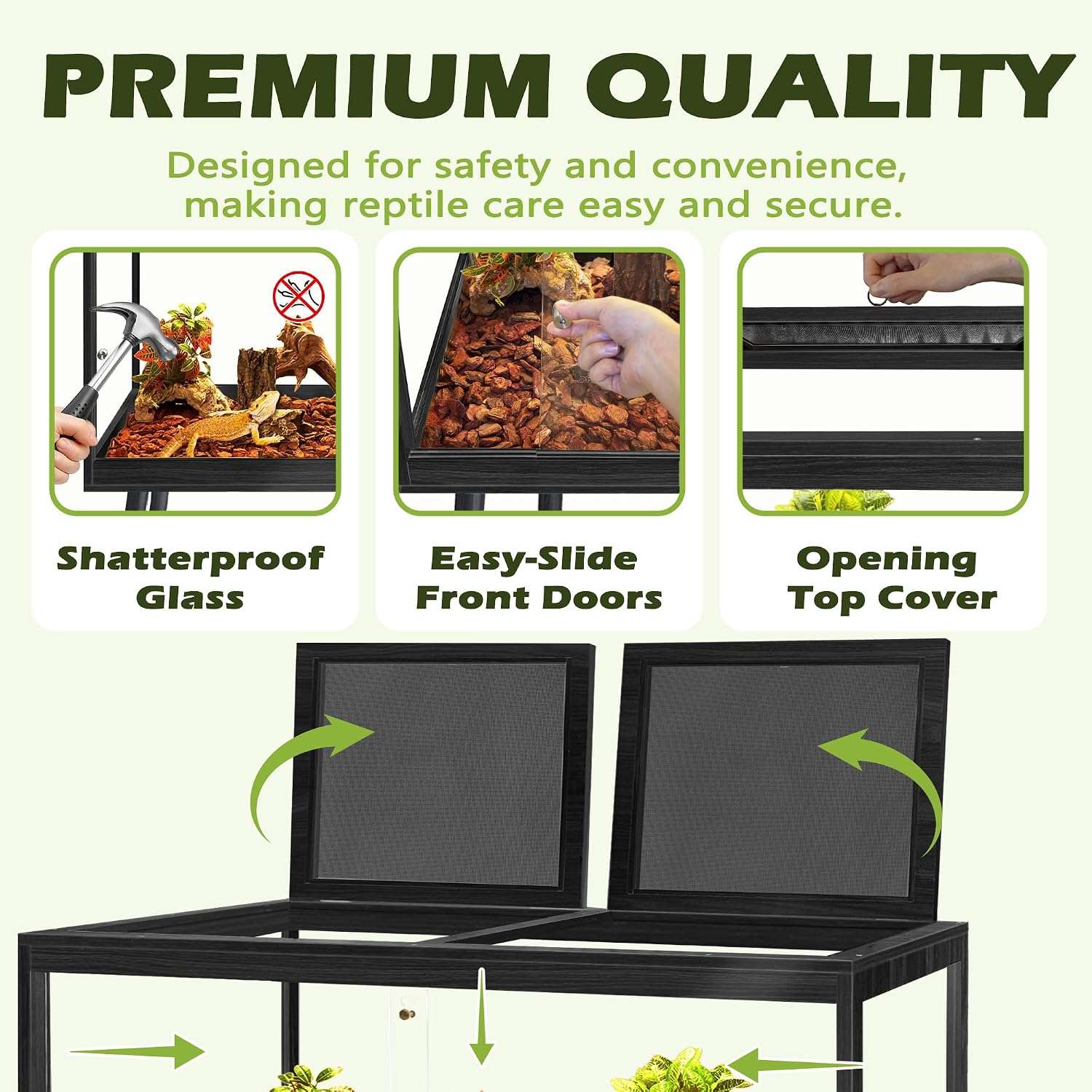 Hábitat para reptiles de madera con paneles de vidrio templado, vista de 360 grados y puertas correderas frontales.