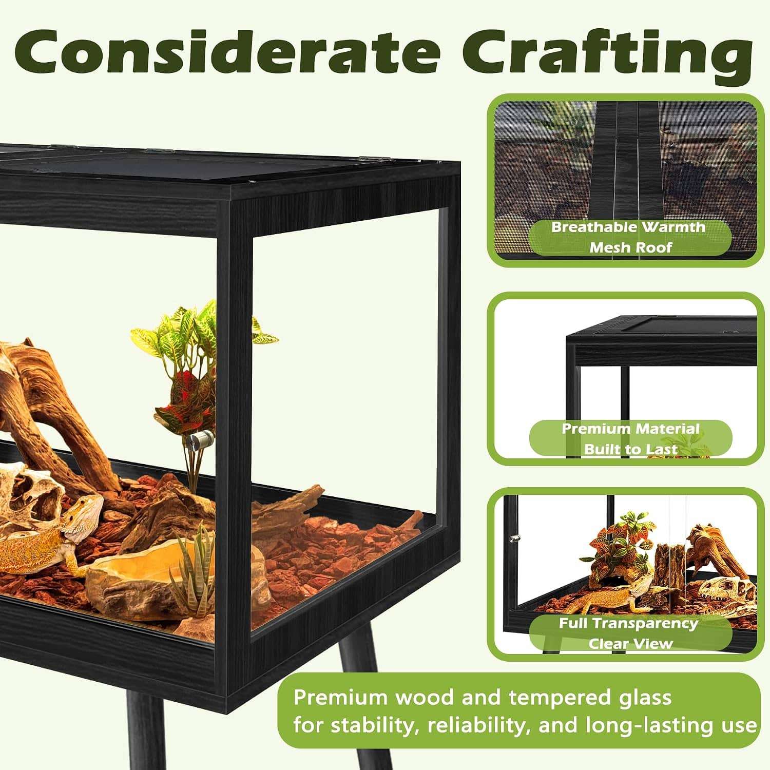 Hábitat para reptiles de madera con paneles de vidrio templado, vista de 360 grados y puertas correderas frontales.
