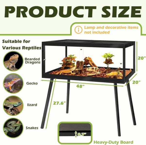 Hábitat para reptiles de madera con paneles de vidrio templado, vista de 360 grados y puertas correderas frontales.