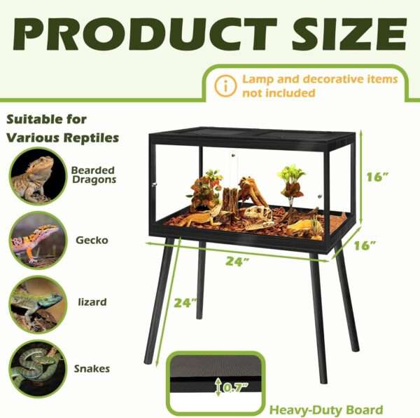Hábitat para reptiles de madera con paneles de vidrio templado, vista de 360 grados y puertas correderas frontales.