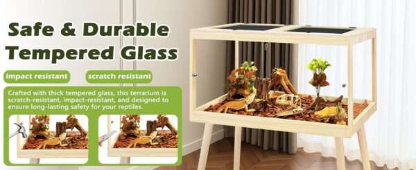 Hábitat para reptiles de madera con paneles de vidrio templado, vista de 360 grados y puertas correderas frontales.