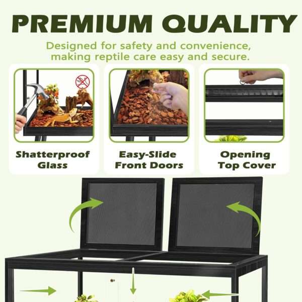 Hábitat para reptiles de madera con paneles de vidrio templado, vista de 360 grados y puertas correderas frontales.