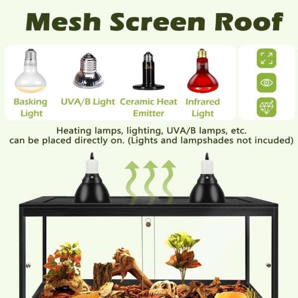 Hábitat para reptiles de madera con paneles de vidrio templado, vista de 360 grados y puertas correderas frontales.