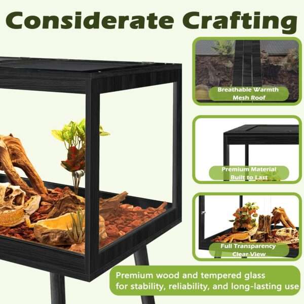 Hábitat para reptiles de madera con paneles de vidrio templado, vista de 360 grados y puertas correderas frontales.