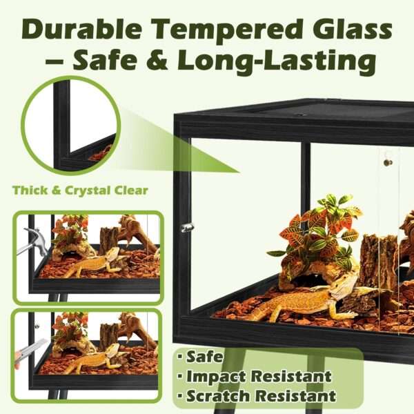 Hábitat para reptiles de madera con paneles de vidrio templado, vista de 360 grados y puertas correderas frontales.