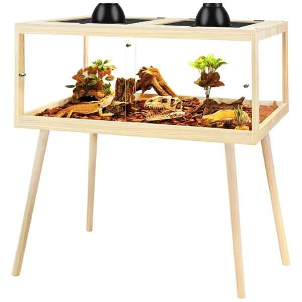 Hábitat para reptiles de madera con paneles de vidrio templado, vista de 360 grados y puertas correderas frontales.