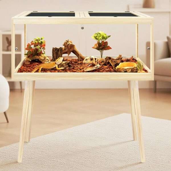 Hábitat para reptiles de madera con paneles de vidrio templado, vista de 360 grados y puertas correderas frontales.