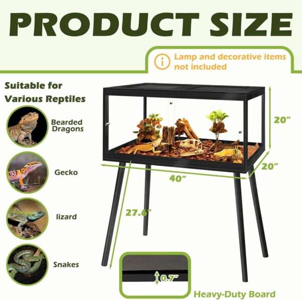 Hábitat para reptiles de madera con paneles de vidrio templado, vista de 360 grados y puertas correderas frontales.