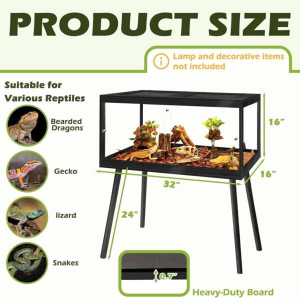 Hábitat para reptiles de madera con paneles de vidrio templado, vista de 360 grados y puertas correderas frontales.