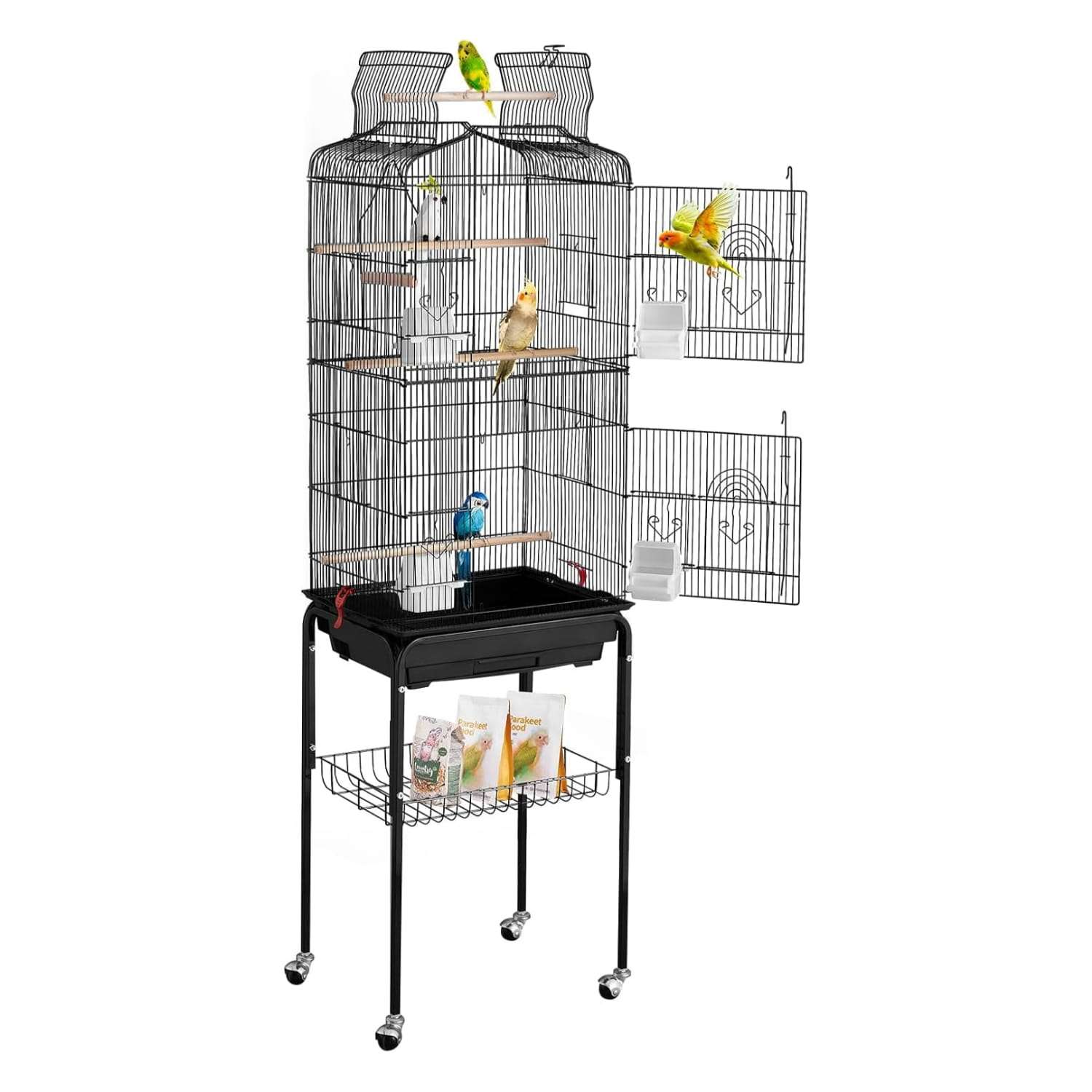 Jaula grande para loros con soporte y ruedas.