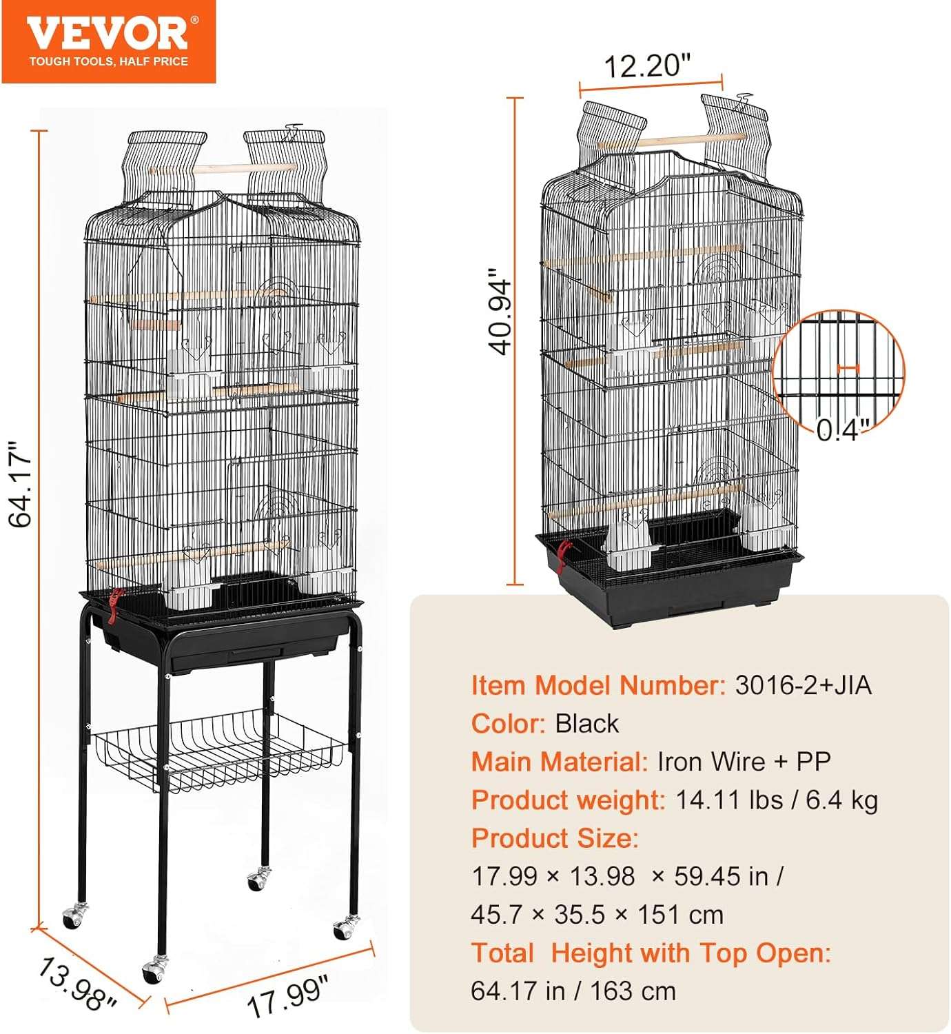 Jaula grande para loros con soporte y ruedas.