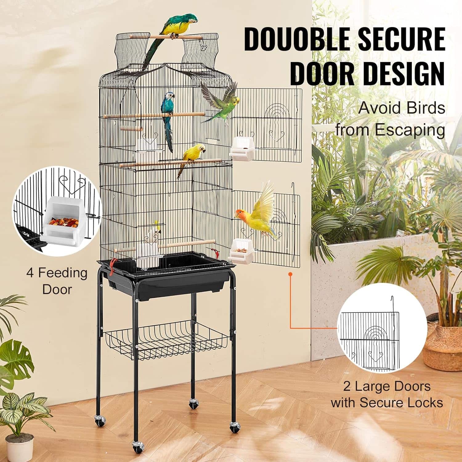Jaula Grande para Loros y Cacatúas de 151x45x35 cm con Soporte y Ruedas - Imagen 8