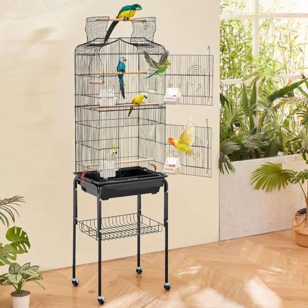 Jaula grande para loros con soporte y ruedas.