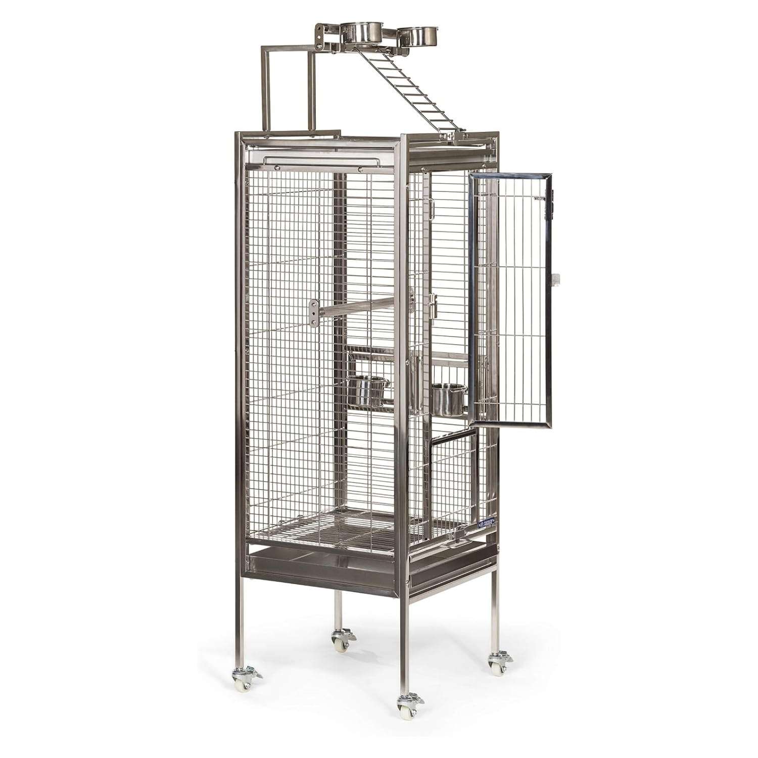 Jaula de acero inoxidable para loros con perchas de metal.