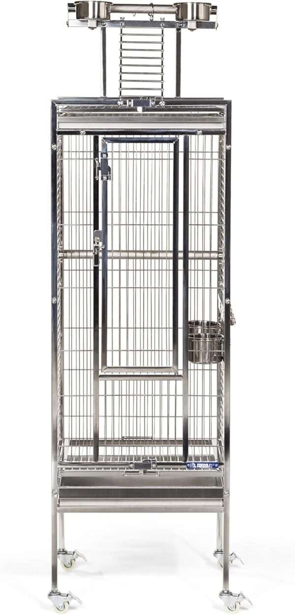 Jaula de acero inoxidable para loros con perchas de metal.