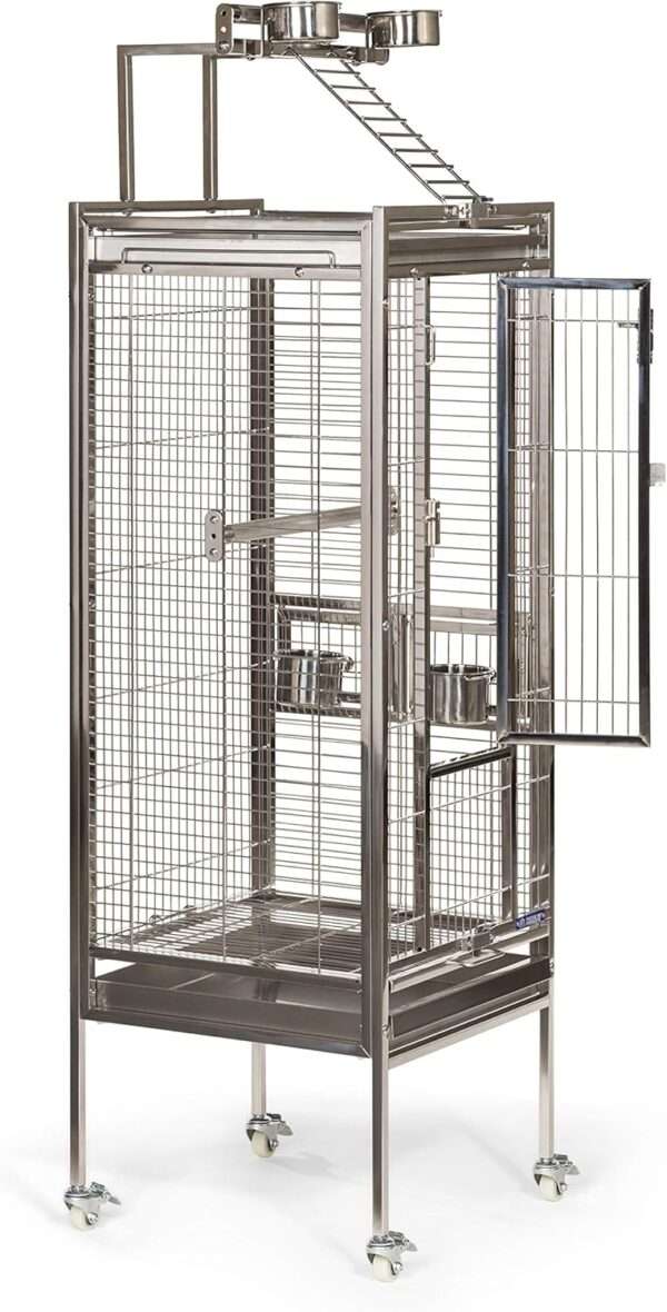 Jaula de acero inoxidable para loros con perchas de metal.