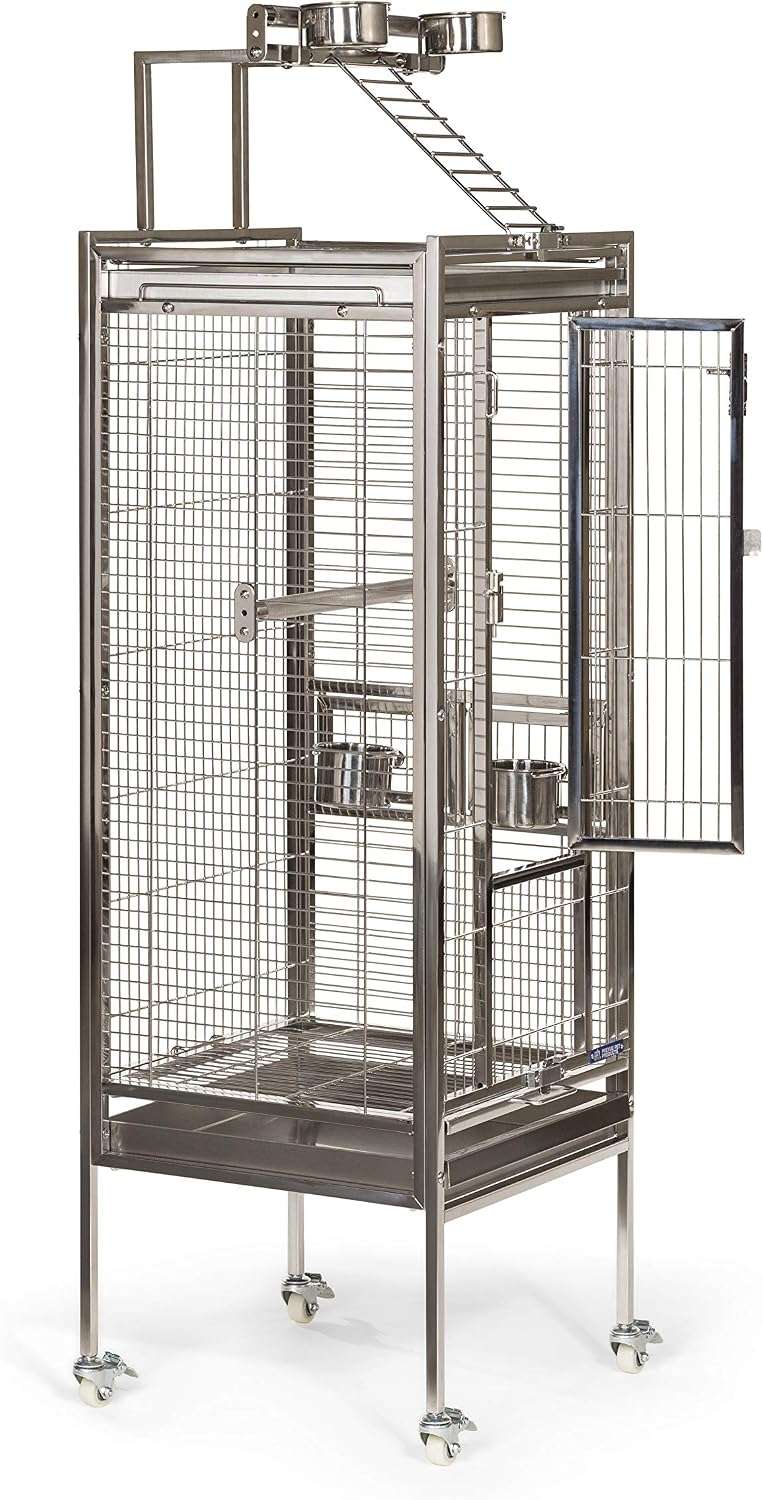 Jaula de acero inoxidable para loros con perchas de metal.